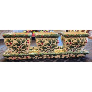 Handpainted Ceramic Holly Berry Planter Set With 3 Square Pots & Tray Holiday De